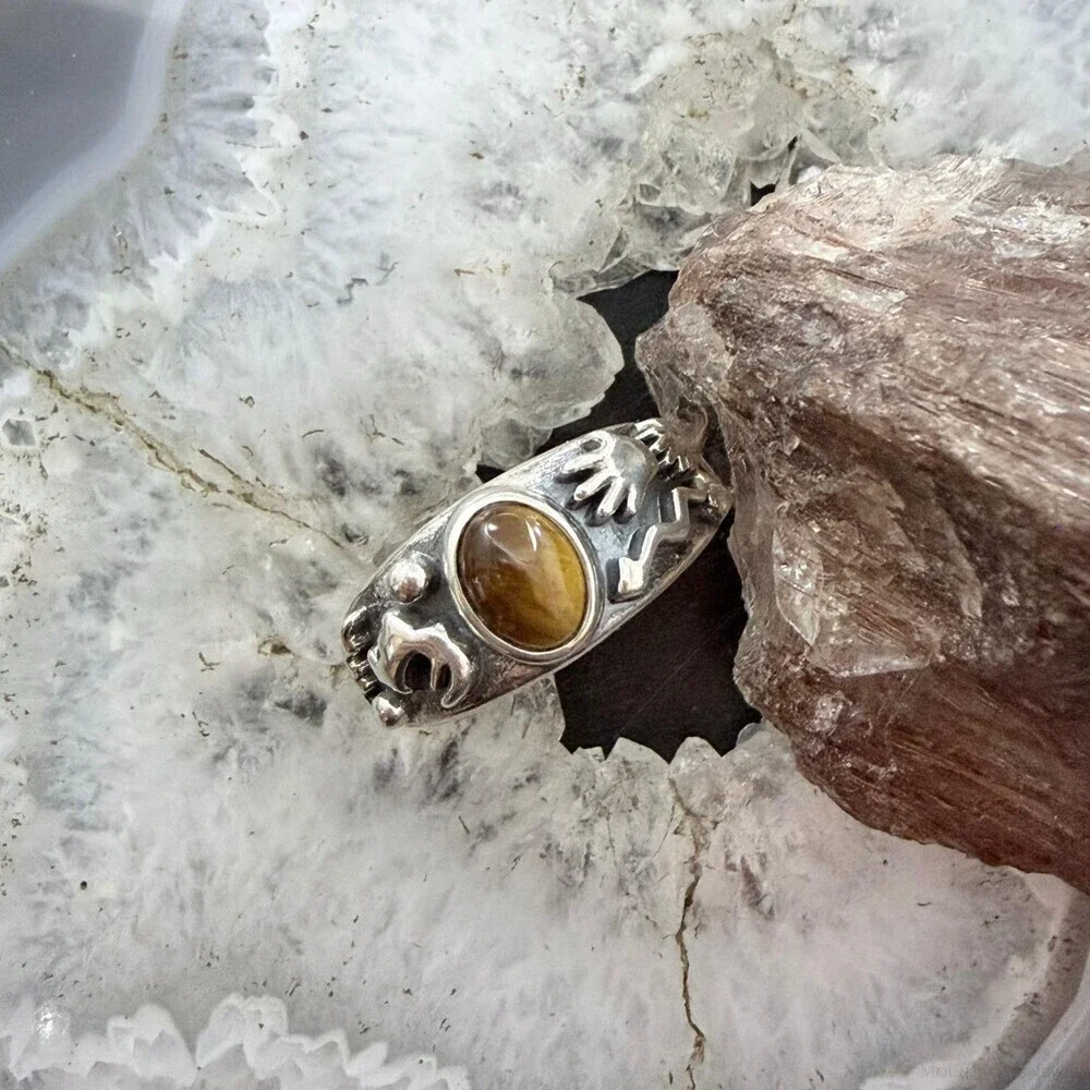 Jody Naranjo Vintage Sterling Silver Tiger's Eye Petroglyph Ring Sz 8 For Women